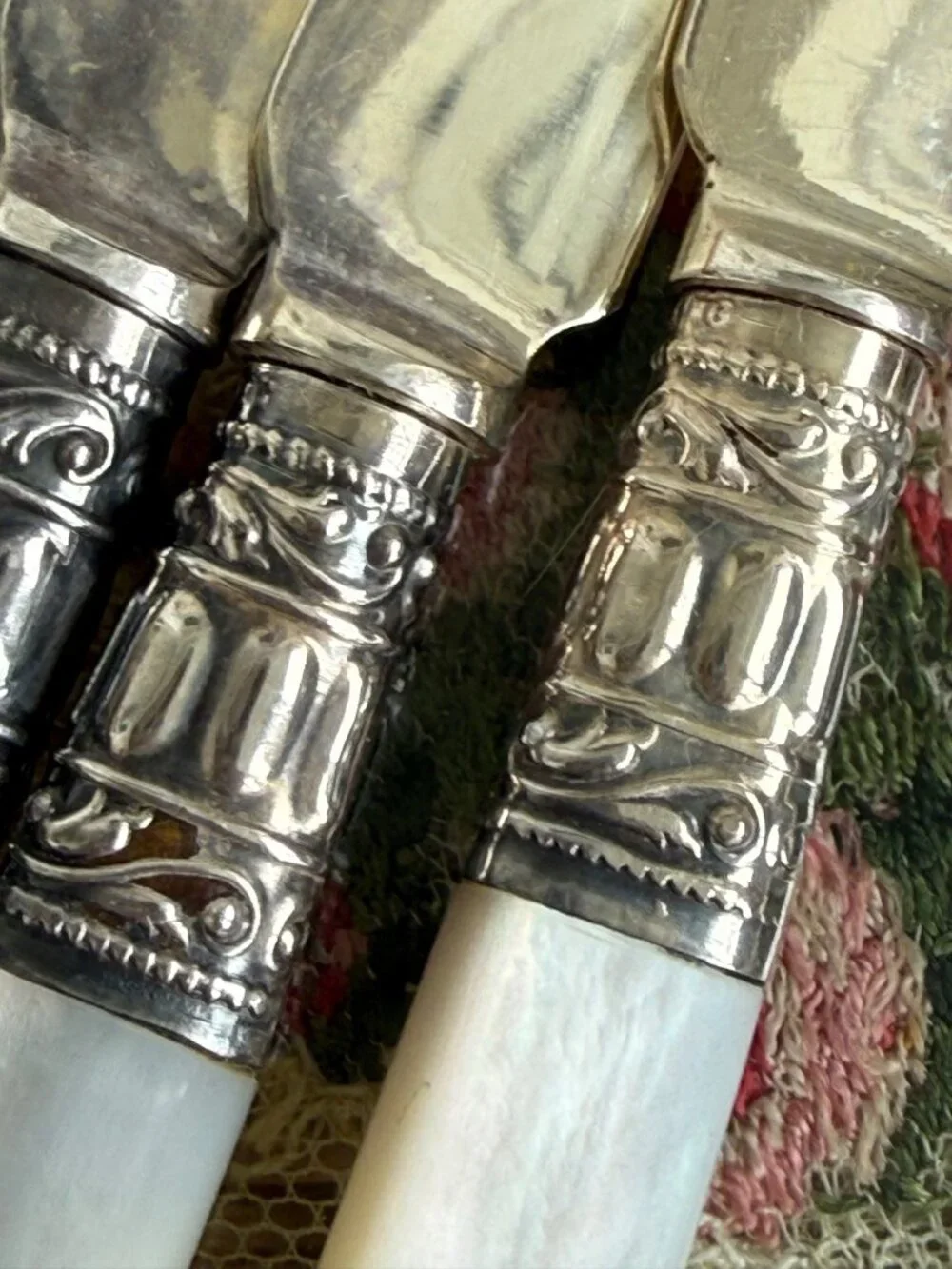 Antique 1910s Mother Of Pearl Fruit Knives Sterling Bands Boxed Set of 6